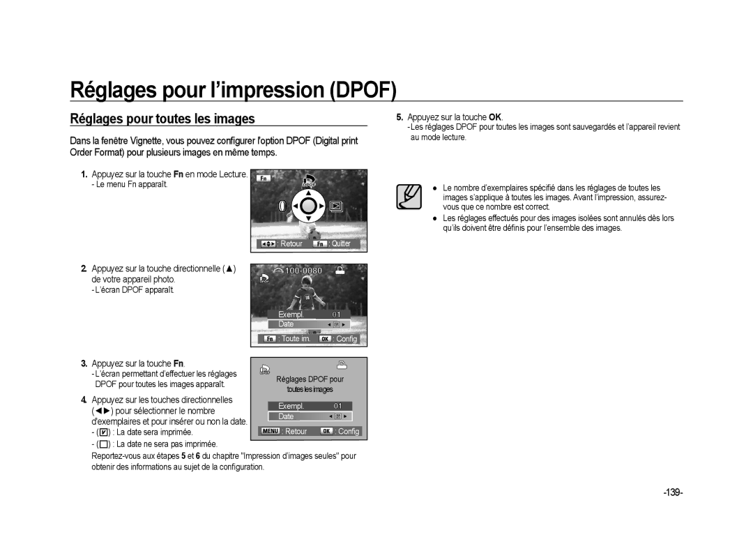 Samsung ER-GX20ZBBA/E1 Réglages pour toutes les images, 139, Appuyez sur la touche Fn en mode Lecture, Retour Quitter 