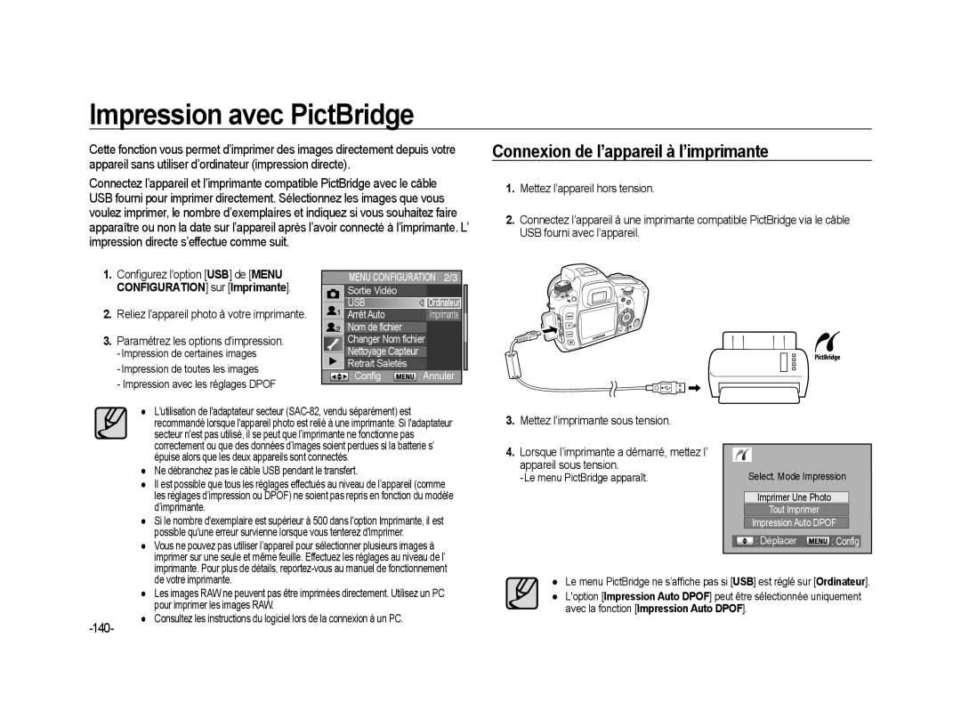 Samsung ER-GX20ZBBA/DK manual Impression avec PictBridge, Connexion de l’appareil à l’imprimante, 140, De votre imprimante 