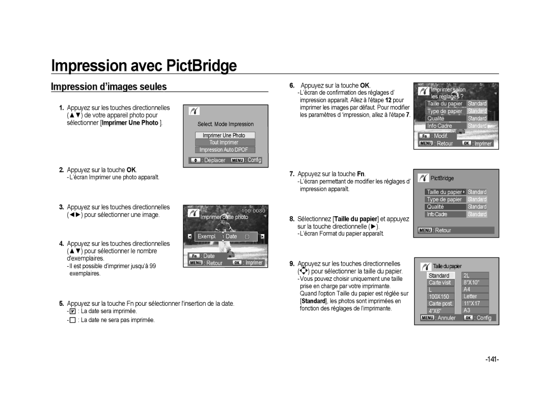 Samsung ER-GX20ZBBA/FR, ER-GX20ZBBC/E1 manual 141, Dexemplaires, Sur la touche directionnelle, De votre appareil photo pour 