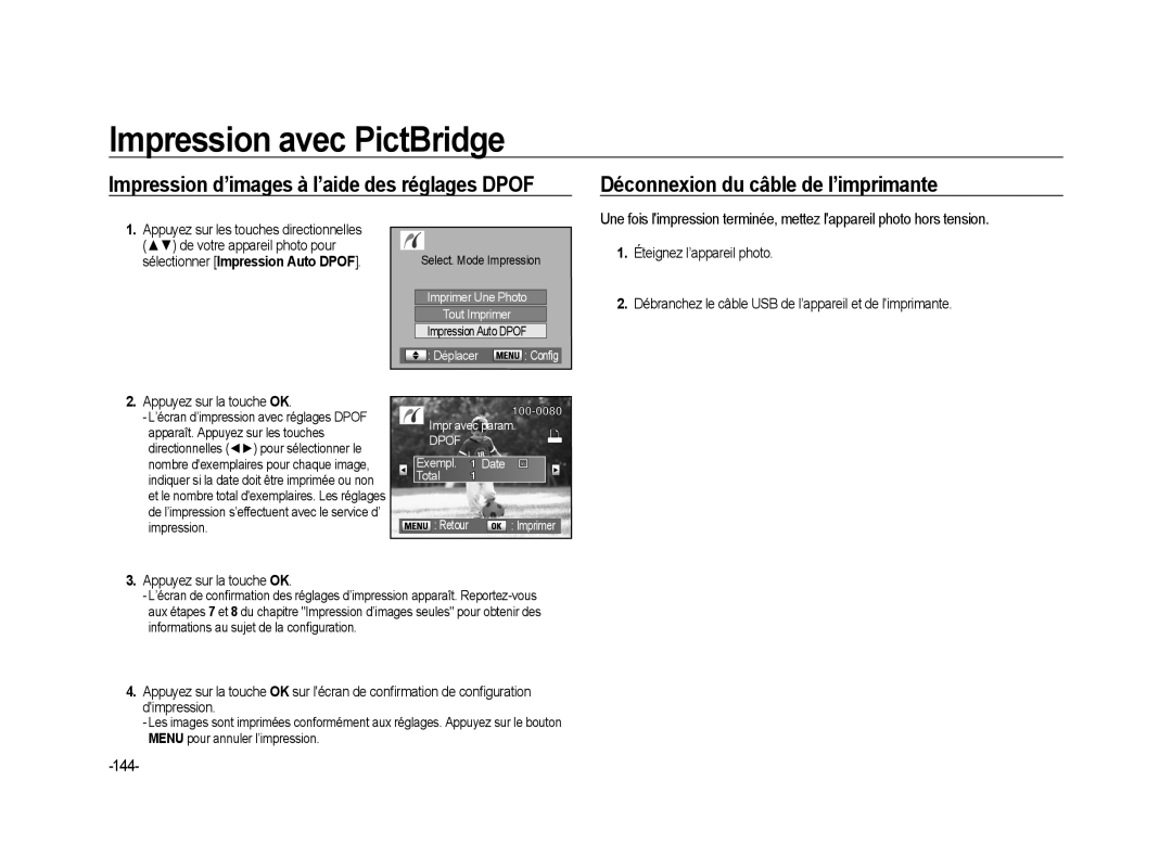 Samsung ER-GX20ZBBB/FR manual Déconnexion du câble de l’imprimante, Impression d’images à l’aide des réglages Dpof, 144 