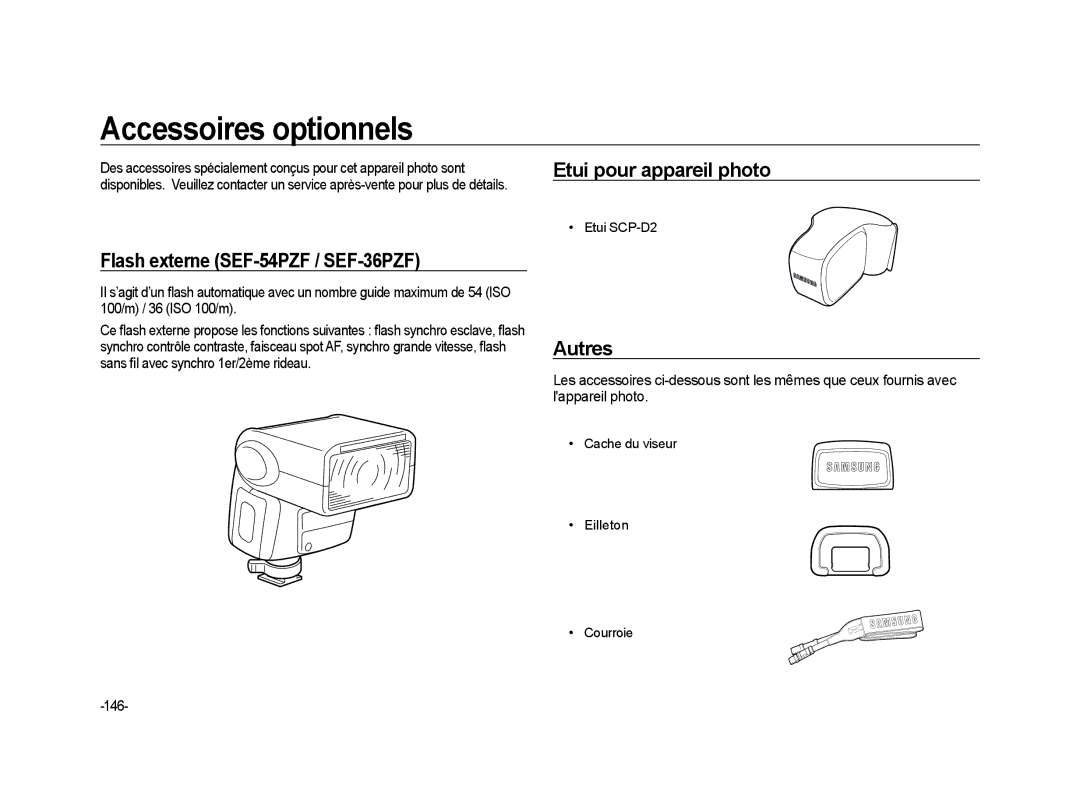 Samsung ER-GX20ZBBA/SE Accessoires optionnels, Flash externe SEF-54PZF / SEF-36PZF, Etui pour appareil photo, Autres, 146 