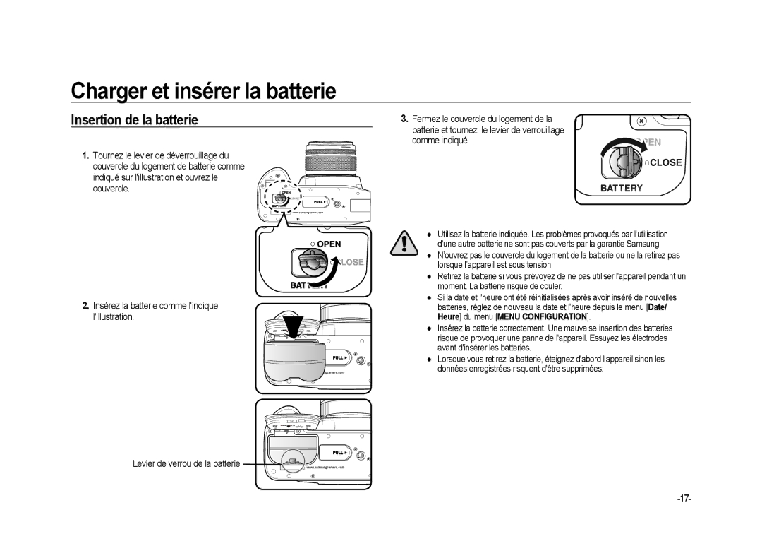 Samsung ER-GX20ZBBC/E1, ER-GX20ZBBB/FR manual Insertion de la batterie, Insérez la batterie comme lindique lillustration 