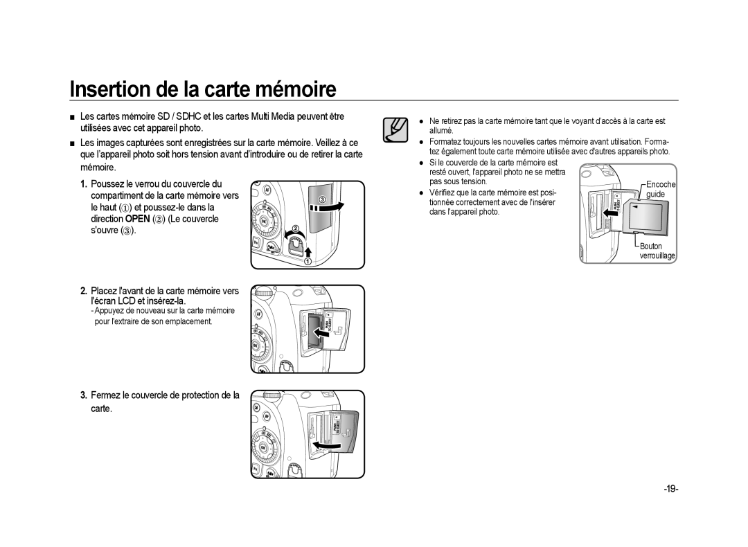 Samsung ER-GX20ZBBB/E1, ER-GX20ZBBC/E1 manual Insertion de la carte mémoire, Fermez le couvercle de protection de la carte 