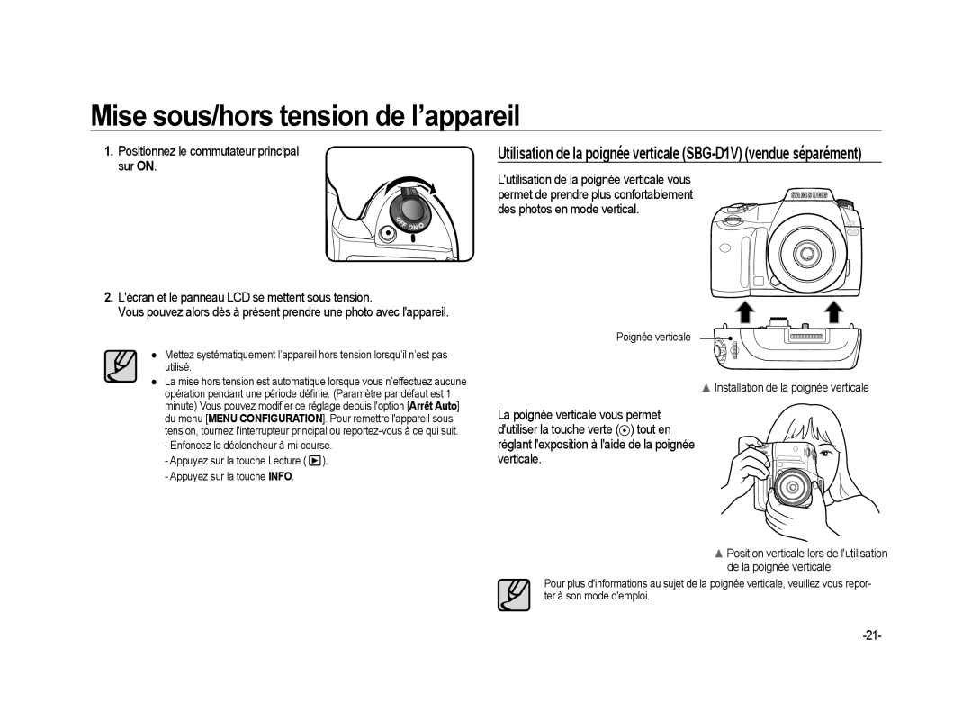 Samsung ER-GX20B01KFR, ER-GX20ZBBC/E1 Mise sous/hors tension de l’appareil, Installation de la poignée verticale, Utilisé 