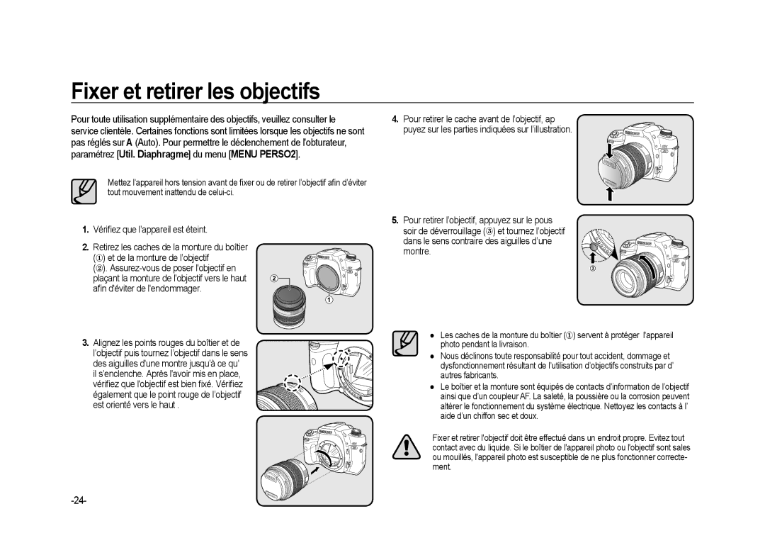 Samsung ER-GX20ZBBA/FR, ER-GX20ZBBC/E1, ER-GX20ZBBB/FR Fixer et retirer les objectifs, Vériﬁez que l’appareil est éteint 