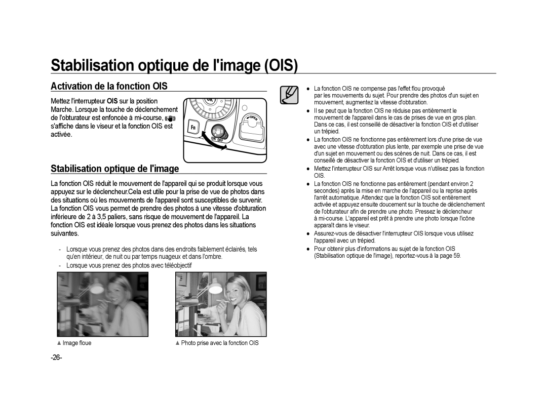 Samsung ER-GX20ZBBC/E1, ER-GX20ZBBB/FR, ER-GX20ZBBB/E1 Stabilisation optique de limage OIS, Activation de la fonction OIS 