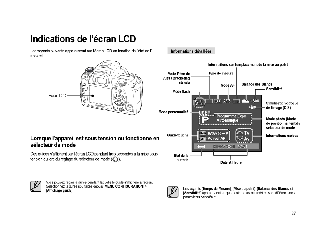 Samsung ER-GX20ZBBB/FR, ER-GX20ZBBC/E1 Indications de l’écran LCD, Sélecteur de mode, Informations détaillées Appareil 