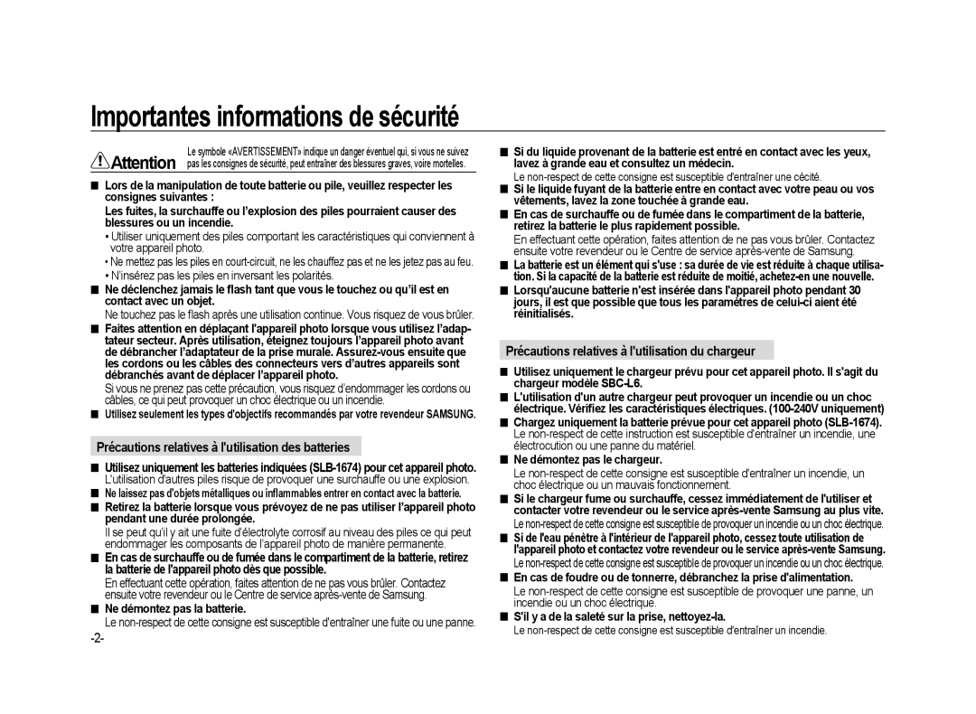 Samsung ER-GX20ZBBA/SE, ER-GX20ZBBC/E1 Précautions relatives à lutilisation des batteries, Ne démontez pas la batterie 