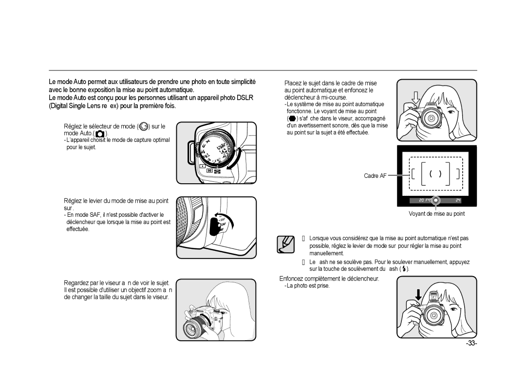 Samsung ER-GX20ZBBA/FR manual Utilisation du mode programme automatique, Réglez le levier du mode de mise au point sur SAF 