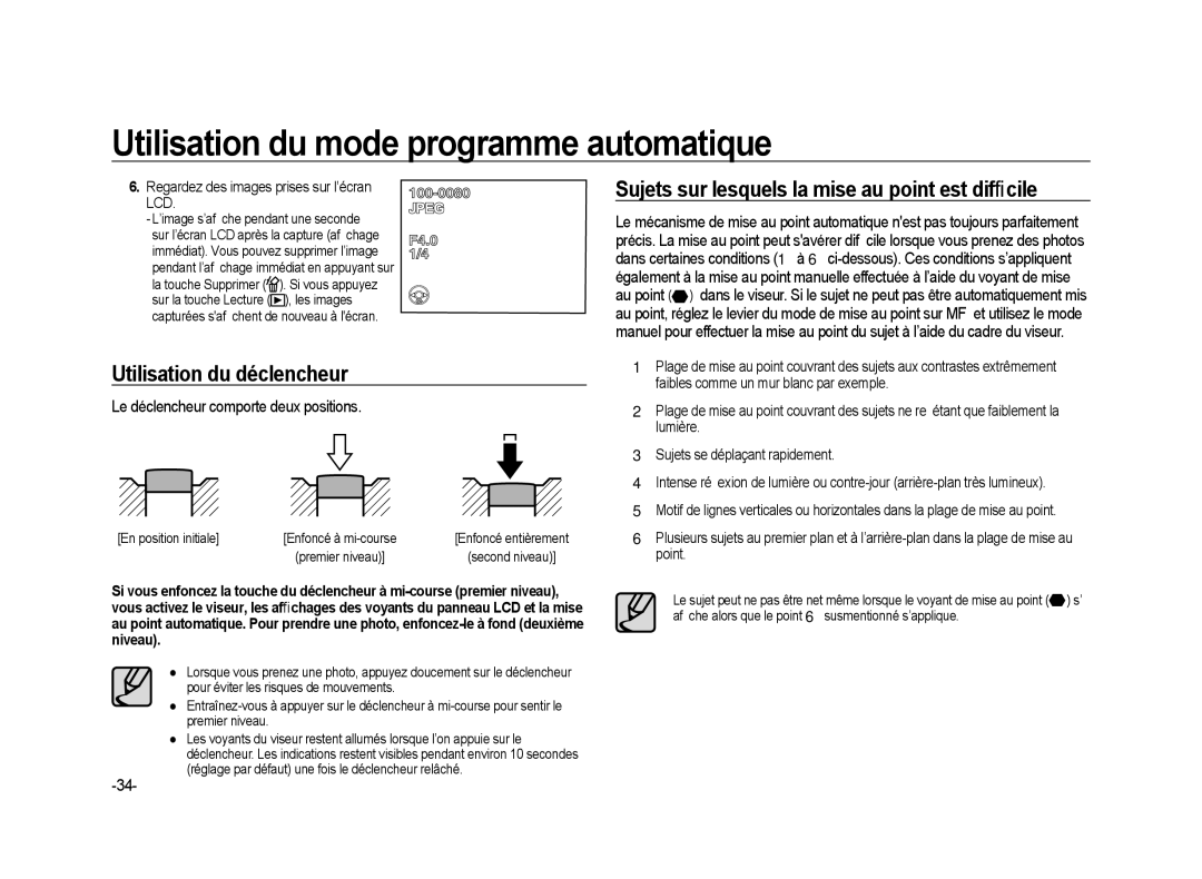 Samsung ER-GX20B02KFR Utilisation du déclencheur, Sujets sur lesquels la mise au point est difﬁcile, En position initiale 