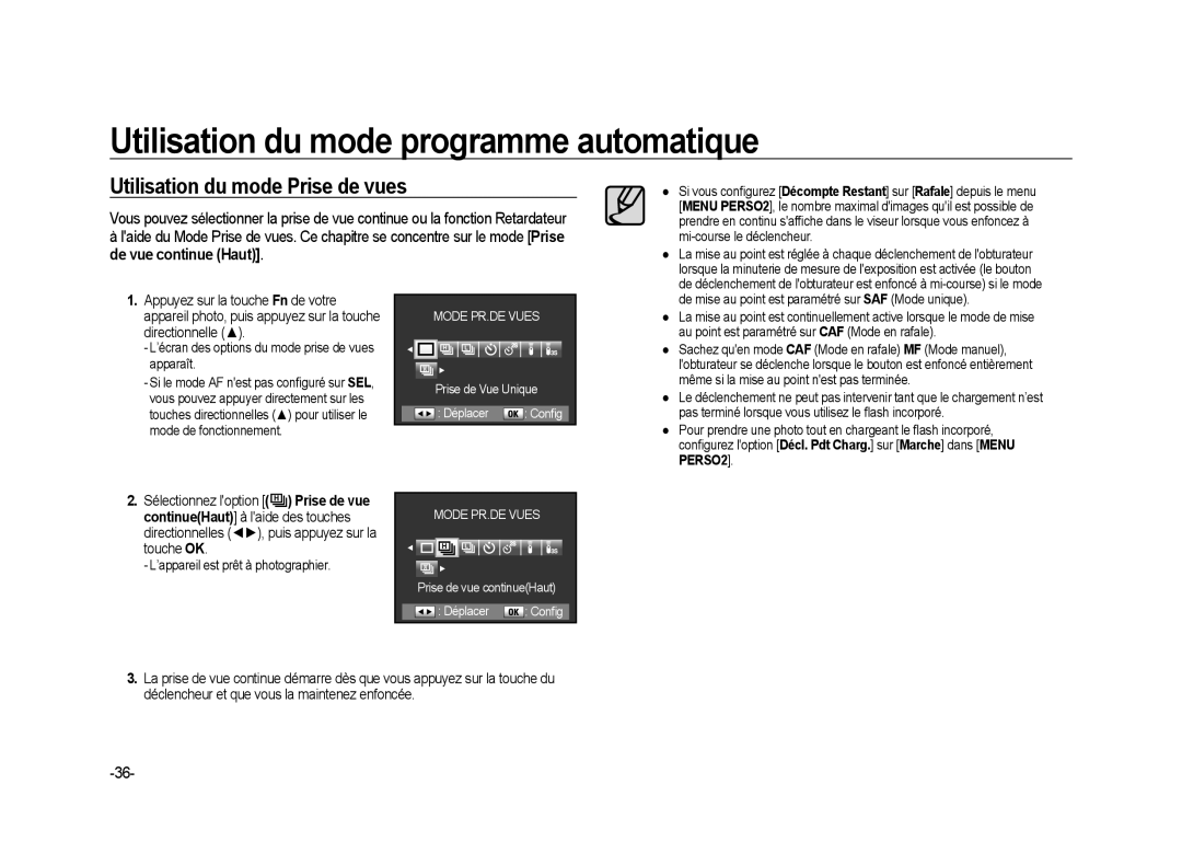 Samsung ER-GX20ZBBB/FR, ER-GX20ZBBC/E1 manual Utilisation du mode Prise de vues, Prise de Vue Unique Déplacer Config 