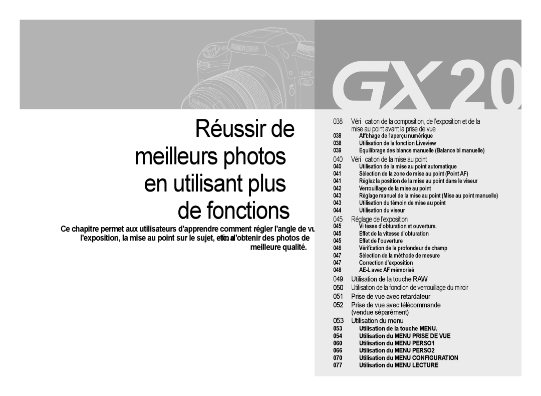 Samsung ER-GX20ZBBB/E1 manual Mise au point avant la prise de vue, Utilisation de la fonction de verrouillage du miroir 