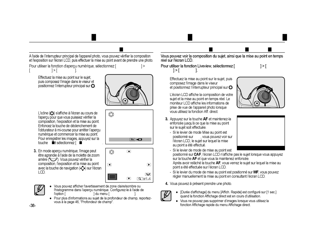 Samsung ER-GX20ZBBA/SE, ER-GX20ZBBC/E1, ER-GX20ZBBB/FR Affichage de l’aperçu numérique, Utilisation de la fonction Liveview 