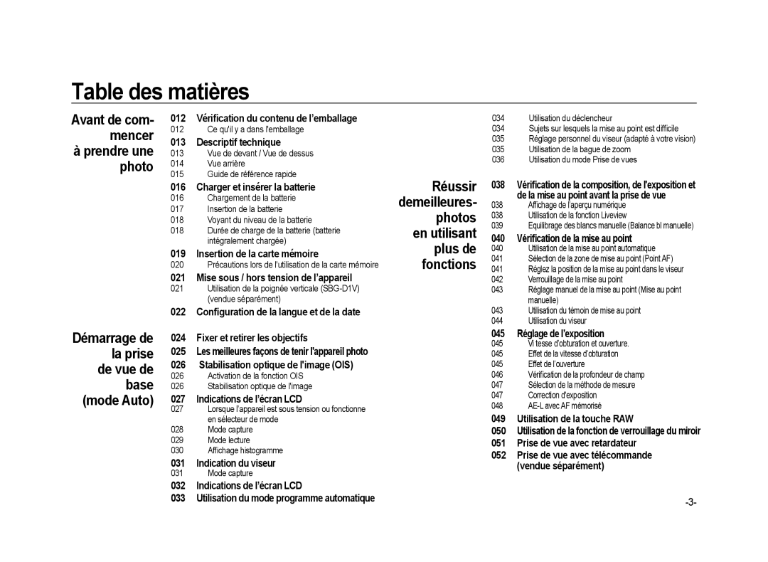 Samsung ER-GX20B01KFR, ER-GX20ZBBC/E1, ER-GX20ZBBB/FR Table des matières, Démarrage de la prise de vue de base Mode Auto 