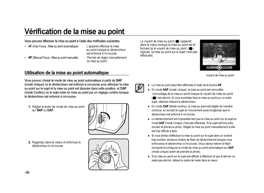 Samsung ER-GX20ZBBA/E1 Vériﬁcation de la mise au point, Utilisation de la mise au point automatique, La mise au point 