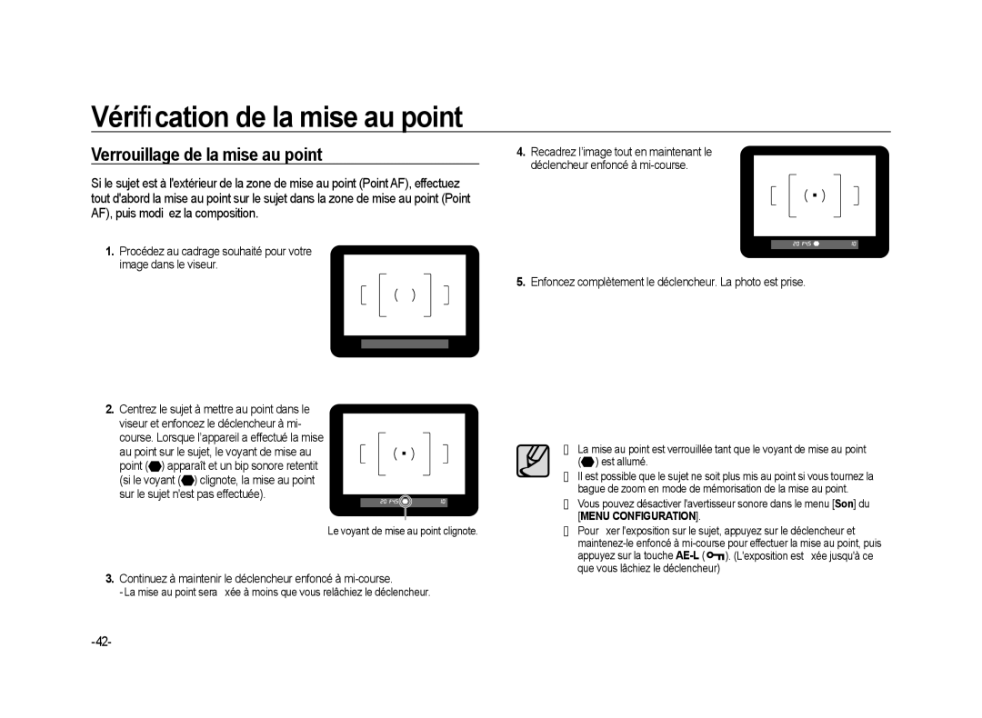 Samsung ER-GX20ZBBA/FR manual Verrouillage de la mise au point, Continuez à maintenir le déclencheur enfoncé à mi-course 