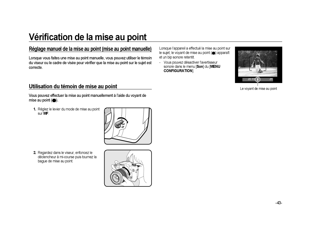 Samsung ER-GX20B02KFR Utilisation du témoin de mise au point, Réglage manuel de la mise au point mise au point manuelle 