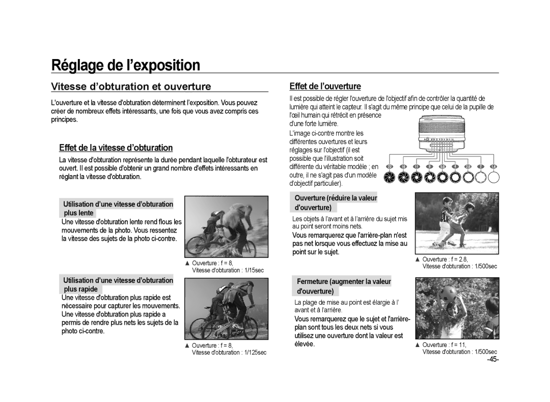 Samsung ER-GX20ZBBB/FR manual Vitesse d’obturation et ouverture, Effet de la vitesse d’obturation, Effet de l’ouverture 