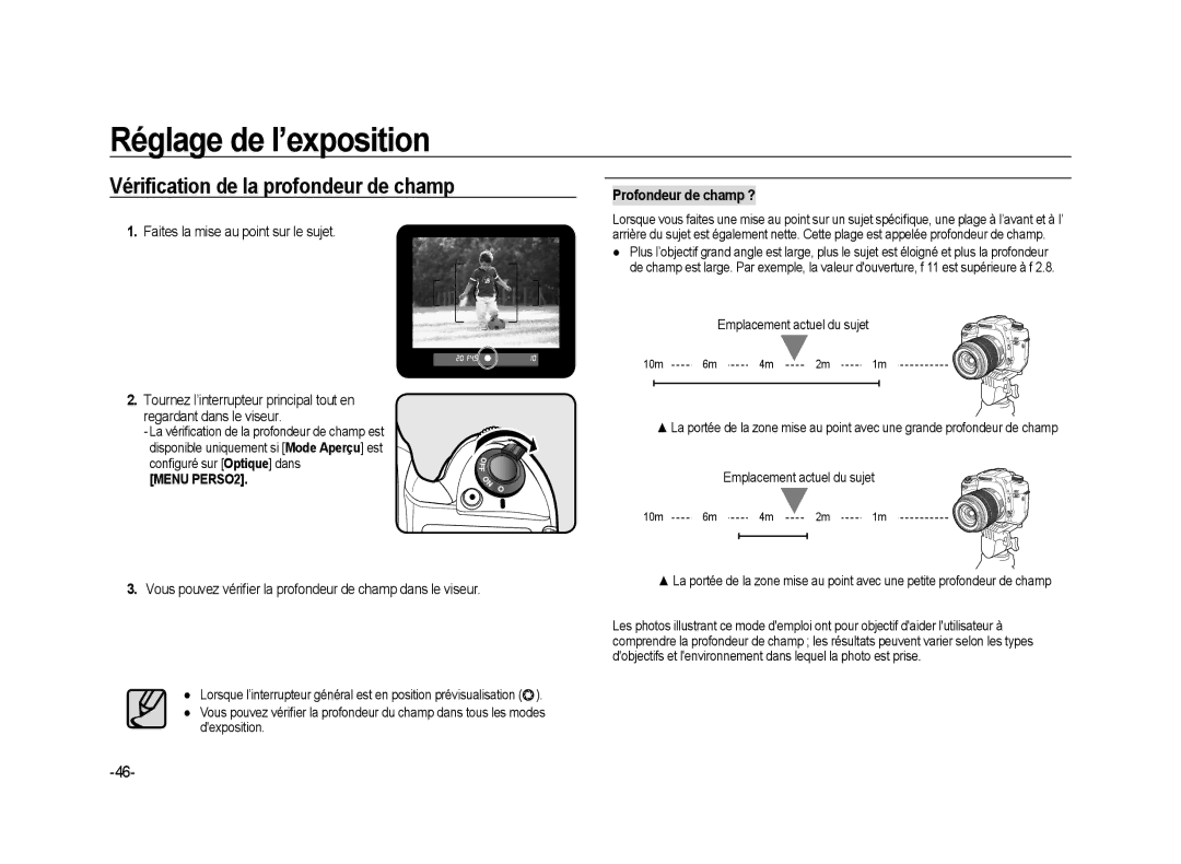 Samsung ER-GX20ZBBB/E1 Vériﬁcation de la profondeur de champ, Vous pouvez vériﬁer la profondeur de champ dans le viseur 