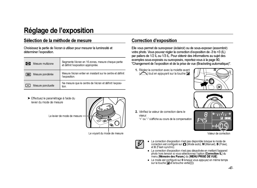 Samsung ER-GX20ZBBA/SE, ER-GX20ZBBC/E1, ER-GX20ZBBB/FR manual Sélection de la méthode de mesure, Correction d’exposition 