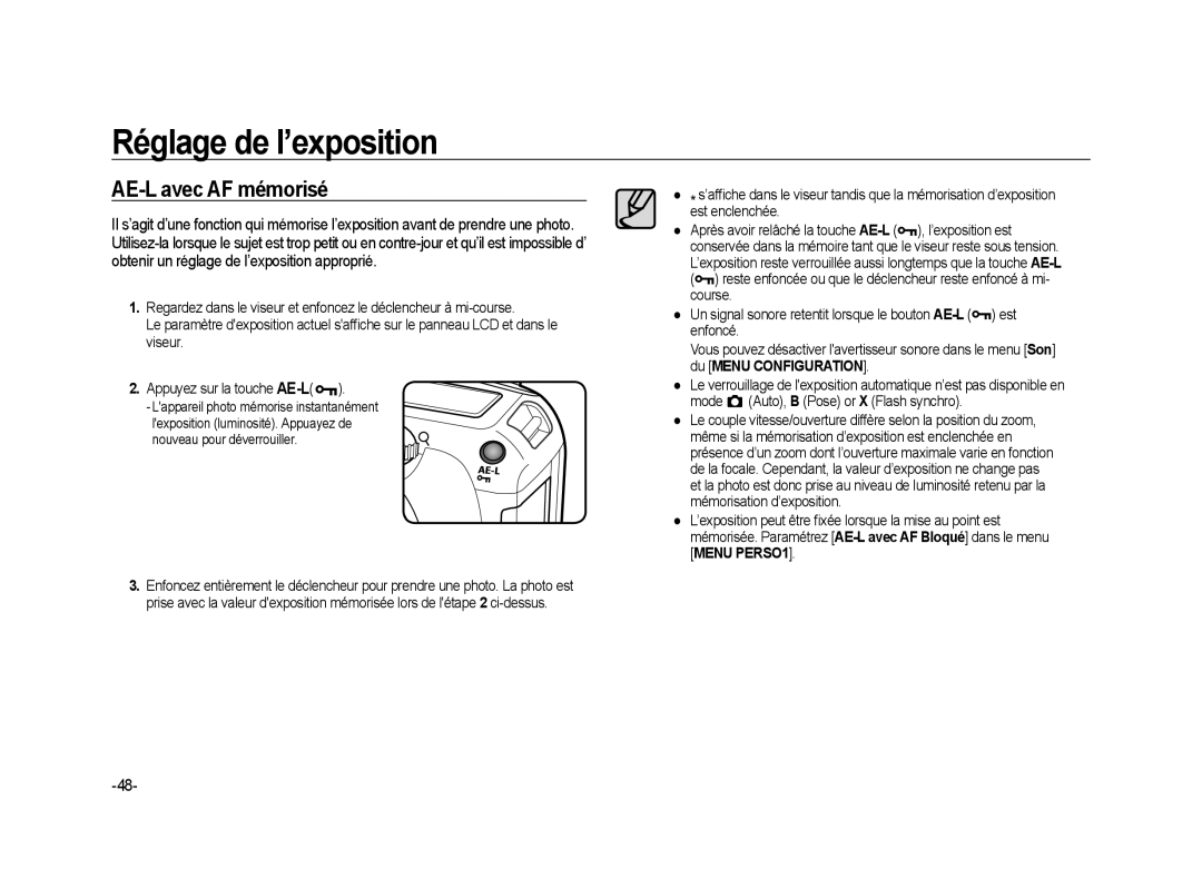 Samsung ER-GX20B01KFR, ER-GX20ZBBC/E1, ER-GX20ZBBB/FR, ER-GX20ZBBB/E1 manual AE-L avec AF mémorisé, Nouveau pour déverrouiller 