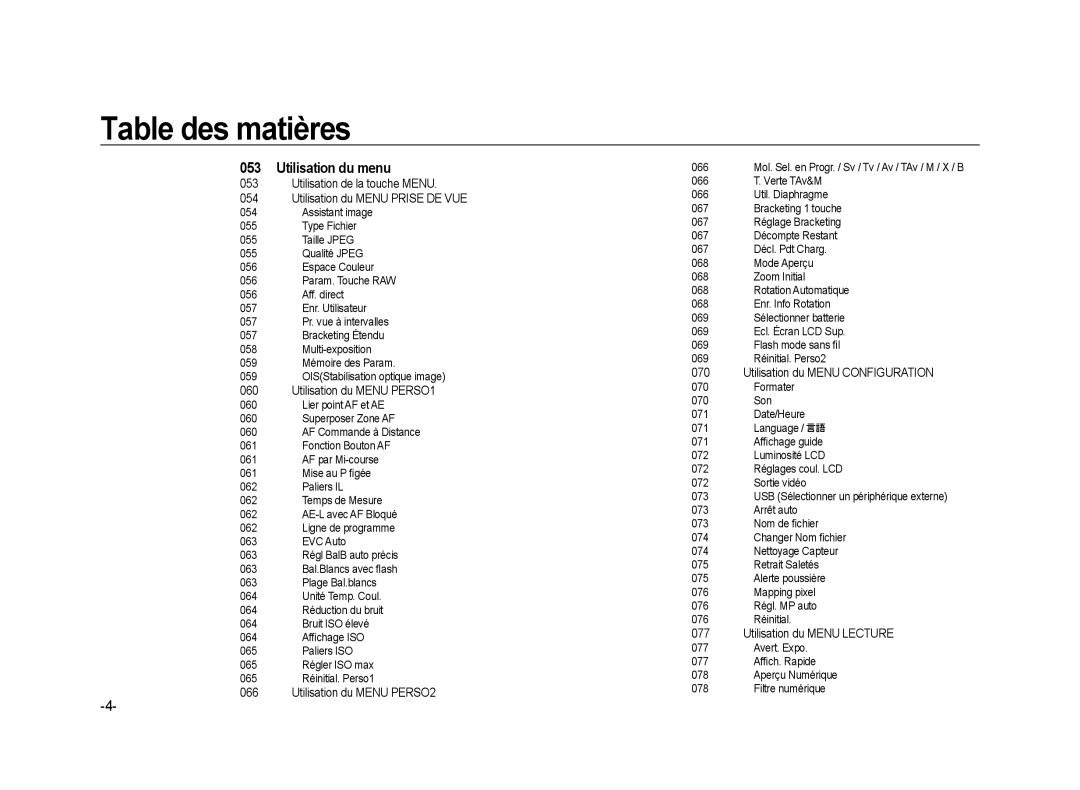 Samsung ER-GX20ZBBA/E1, ER-GX20ZBBC/E1, ER-GX20ZBBB/FR, ER-GX20B01KFR Utilisation du menu, Utilisation de la touche Menu 054 