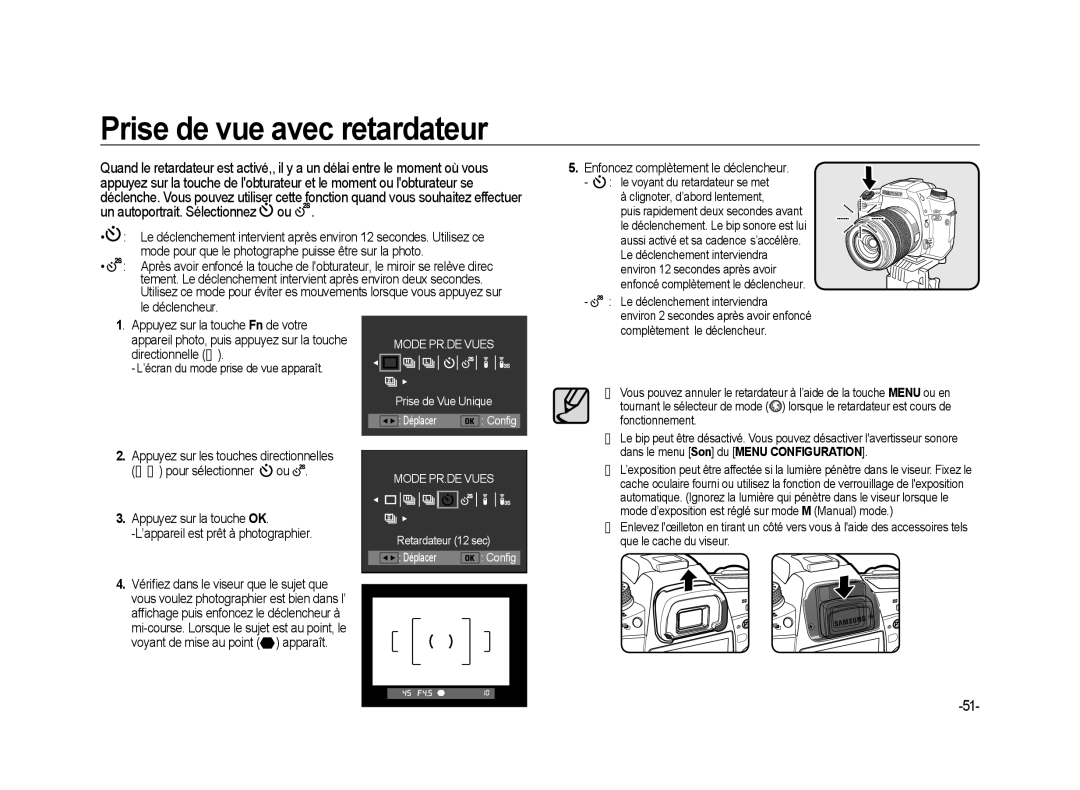 Samsung ER-GX20ZBBA/FR manual Prise de vue avec retardateur, Appuyez sur la touche OK ’appareil est prêt à photographier 