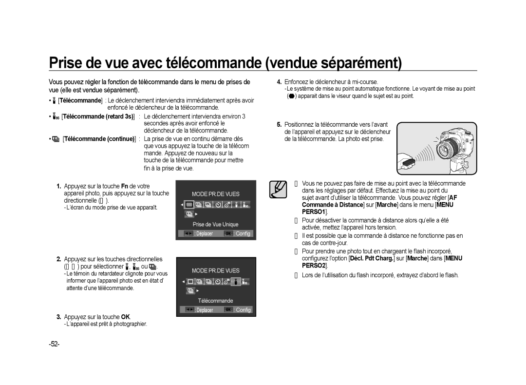 Samsung ER-GX20B02KFR, ER-GX20ZBBC/E1, ER-GX20ZBBB/FR, ER-GX20ZBBB/E1 manual Prise de vue avec télécommande vendue séparément 