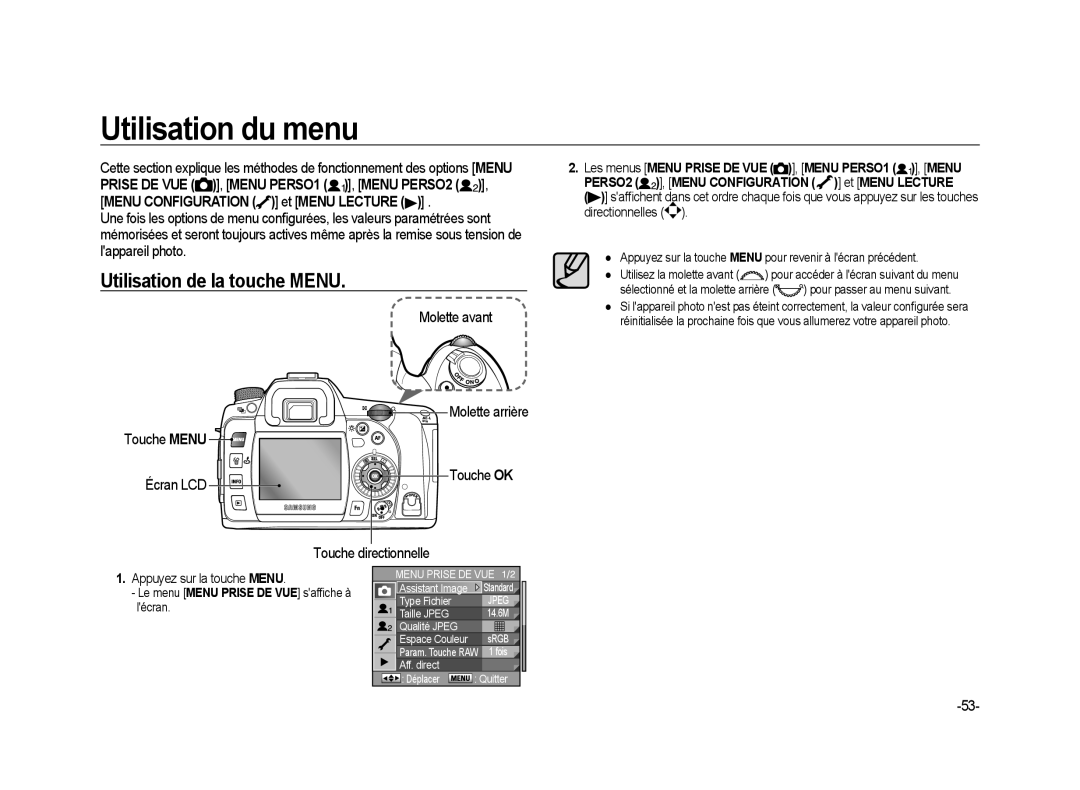 Samsung ER-GX20ZBBC/E1 manual Utilisation du menu, Utilisation de la touche Menu, Menu Configuration et Menu Lecture 