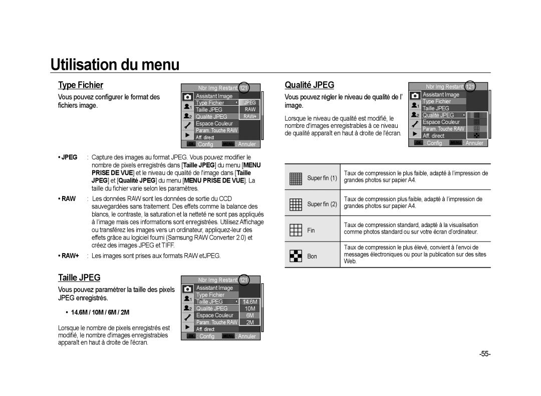 Samsung ER-GX20ZBBB/E1 manual Type Fichier, Qualité Jpeg, Taille Jpeg, Vous pouvez conﬁgurer le format des ﬁchiers image 