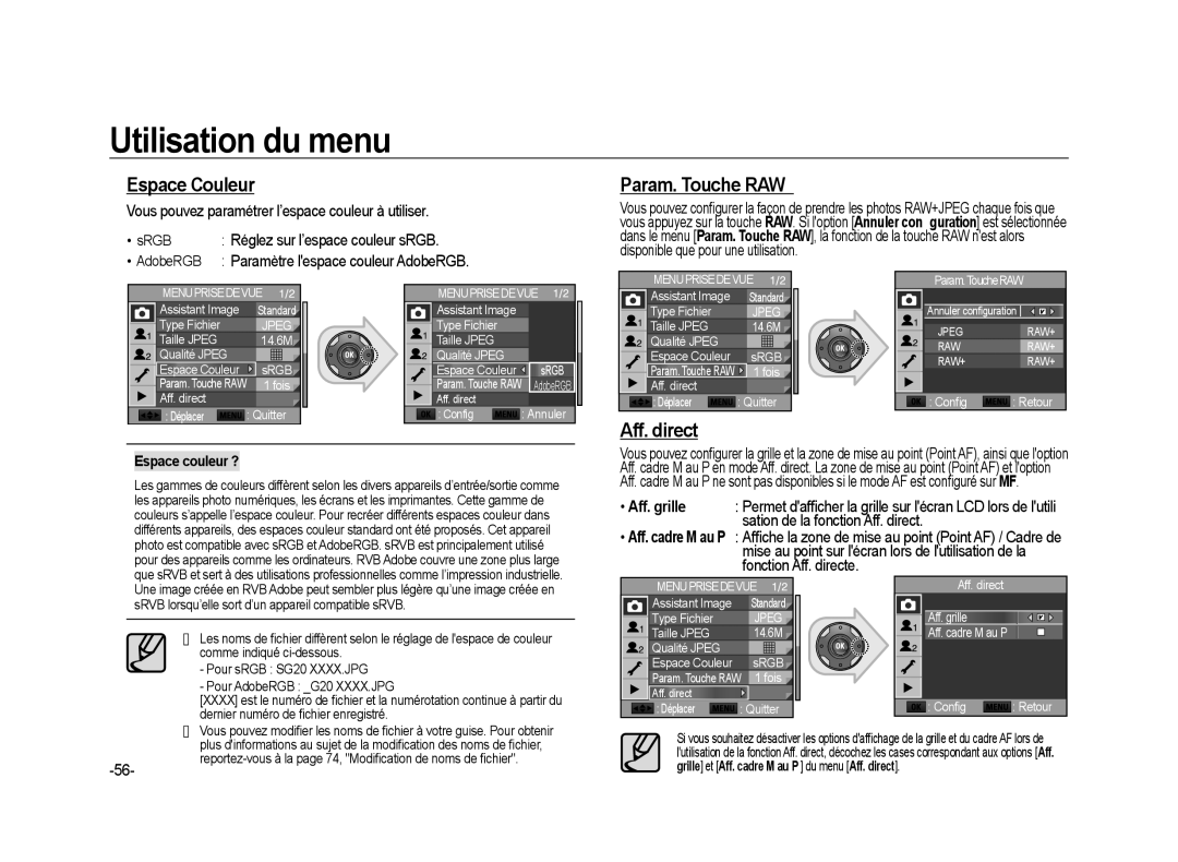 Samsung ER-GX20ZBBA/SE Espace Couleur, Param. Touche RAW, Vous pouvez paramétrer l’espace couleur à utiliser, Aff. grille 