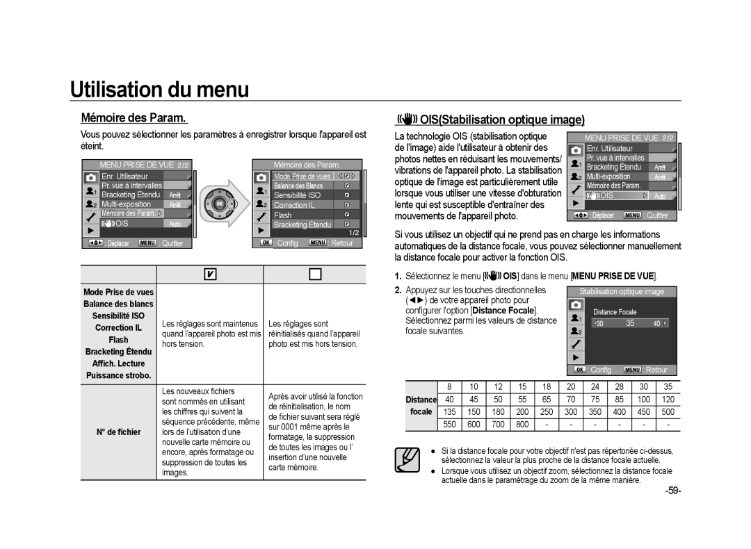 Samsung ER-GX20ZBBA/DK manual Mémoire des Param OISStabilisation optique image, Les réglages sont, Hors tension, De ﬁchier 