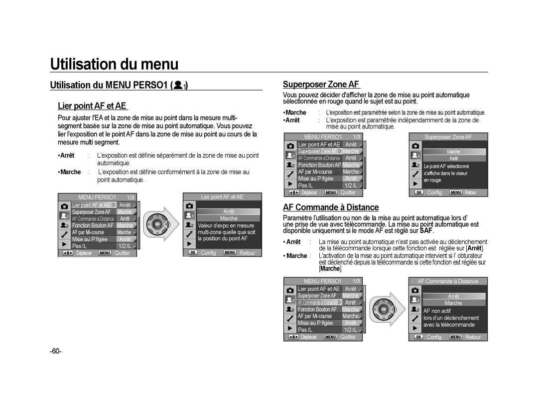 Samsung ER-GX20ZBBA/FR manual Utilisation du Menu PERSO1, Lier point AF et AE, Superposer Zone AF, AF Commande à Distance 