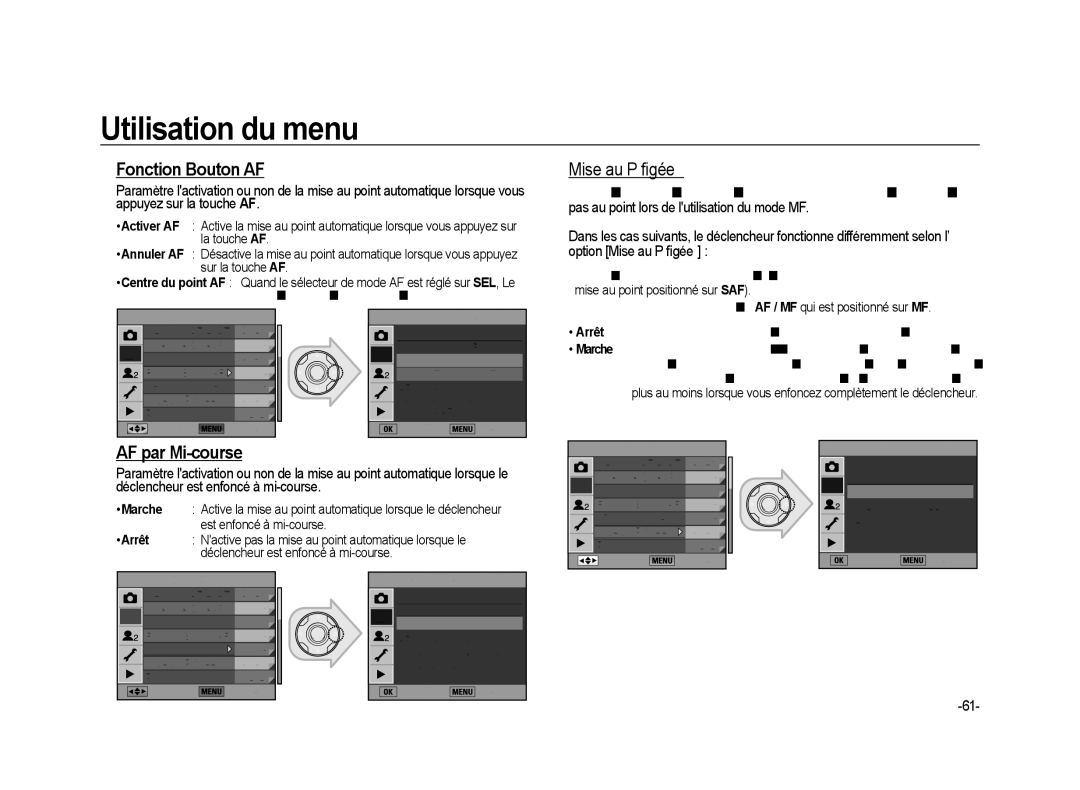 Samsung ER-GX20B02KFR manual Fonction Bouton AF, Mise au P figée, AF par Mi-course, Mise au point positionné sur SAF 