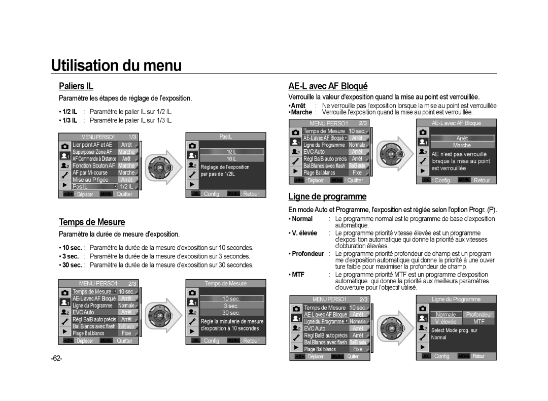 Samsung ER-GX20ZBBC/E1, ER-GX20ZBBB/FR, ER-GX20ZBBB/E1 Paliers IL, AE-L avec AF Bloqué, Ligne de programme, Temps de Mesure 