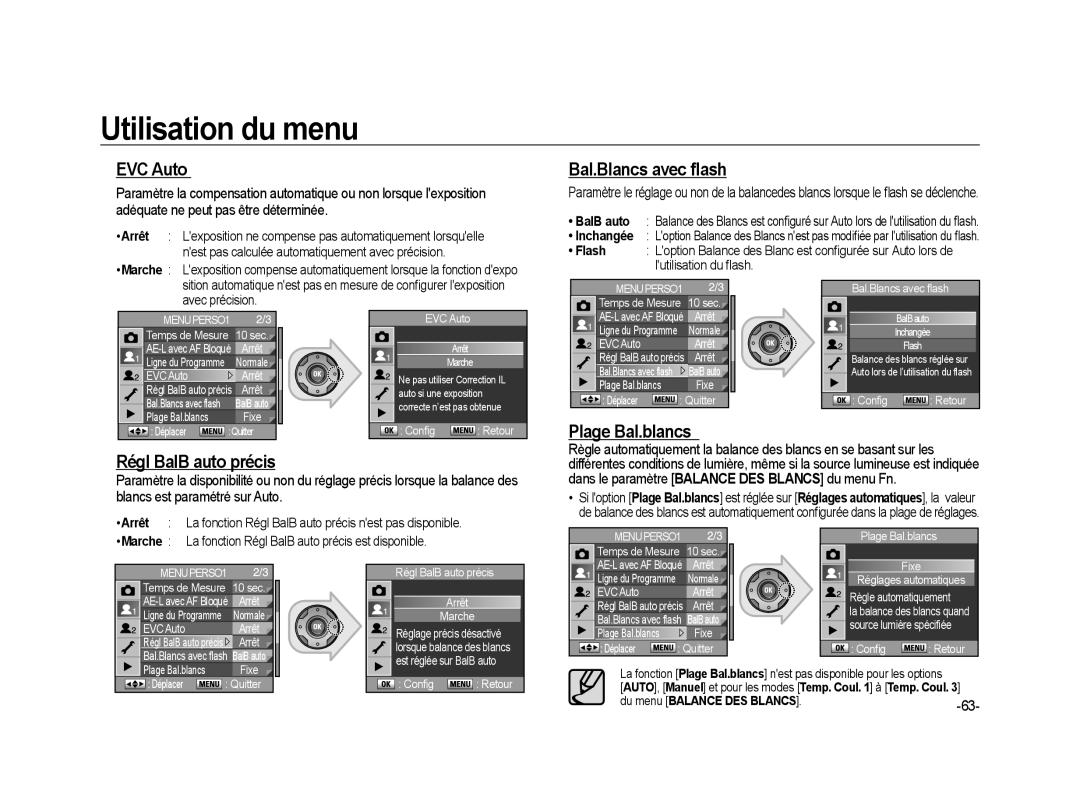 Samsung ER-GX20ZBBB/FR manual EVC Auto, Bal.Blancs avec ﬂash, Plage Bal.blancs Régl BalB auto précis, Marche, Flash 