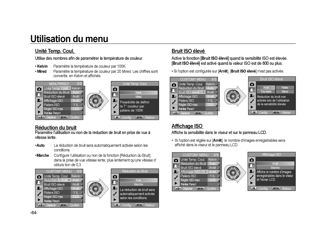 Samsung ER-GX20ZBBB/E1, ER-GX20ZBBC/E1, ER-GX20ZBBB/FR Unité Temp. Coul, Bruit ISO élevé, Réduction du bruit, Affichage ISO 