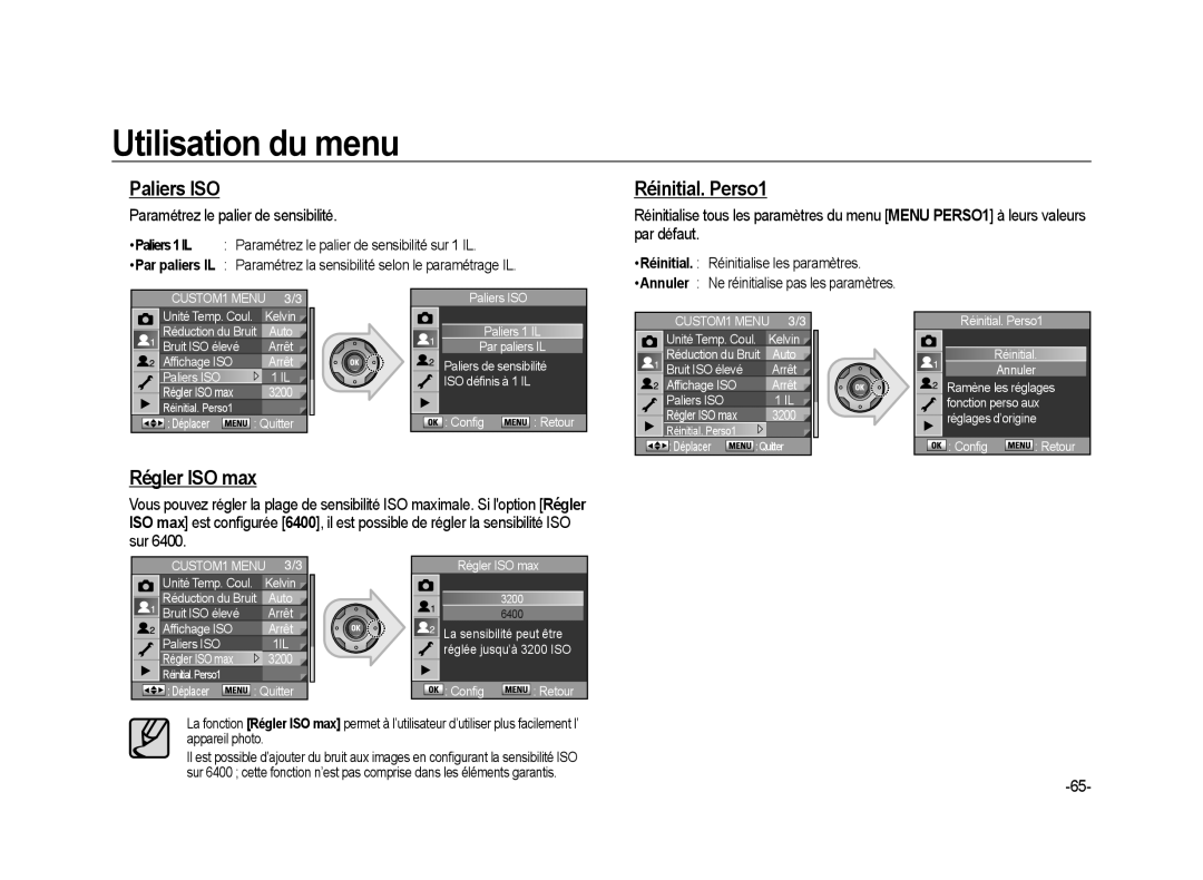 Samsung ER-GX20ZBBA/SE, ER-GX20ZBBC/E1 Paliers ISO, Réinitial. Perso1, Régler ISO max, Paramétrez le palier de sensibilité 