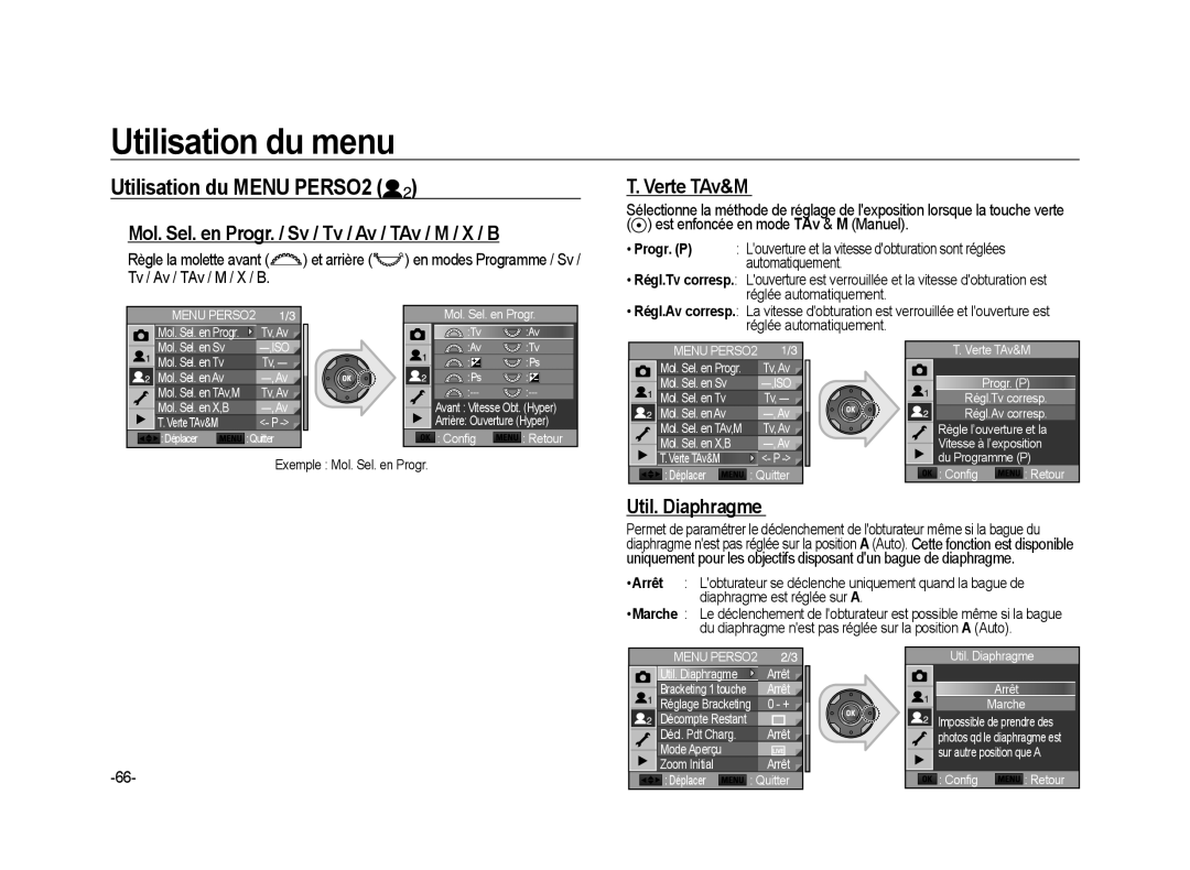 Samsung ER-GX20B01KFR manual Utilisation du Menu PERSO2, Mol. Sel. en Progr. / Sv / Tv / Av / TAv / M / X / B, Verte TAv&M 