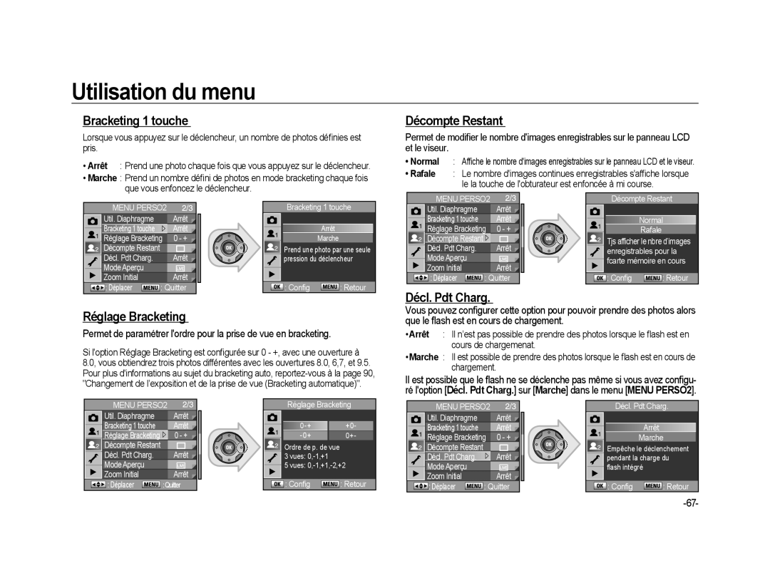 Samsung ER-GX20ZBBA/E1, ER-GX20ZBBC/E1 manual Bracketing 1 touche, Décompte Restant, Décl. Pdt Charg Réglage Bracketing 