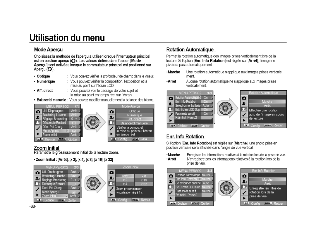 Samsung ER-GX20ZBBA/DK, ER-GX20ZBBC/E1, ER-GX20ZBBB/FR Mode Aperçu, Rotation Automatique, Enr. Info Rotation, Zoom Initial 