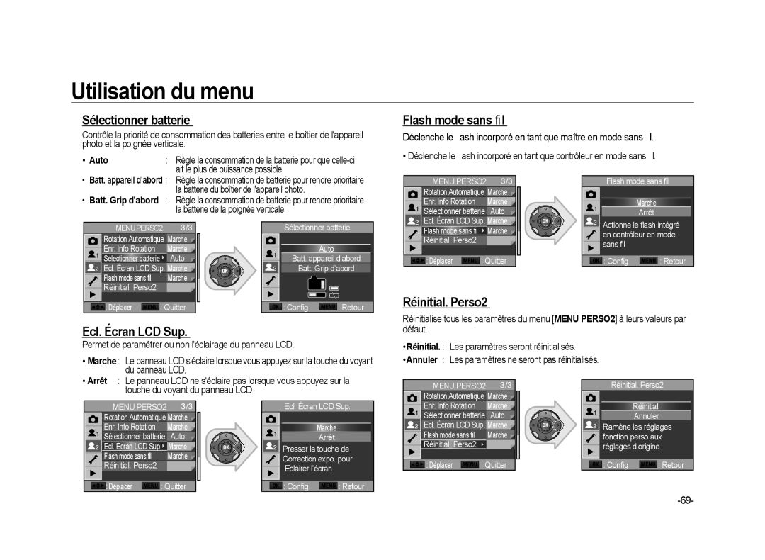 Samsung ER-GX20ZBBA/FR manual Sélectionner batterie, Flash mode sans ﬁl, Réinitial. Perso2, Ecl. Écran LCD Sup, Auto 