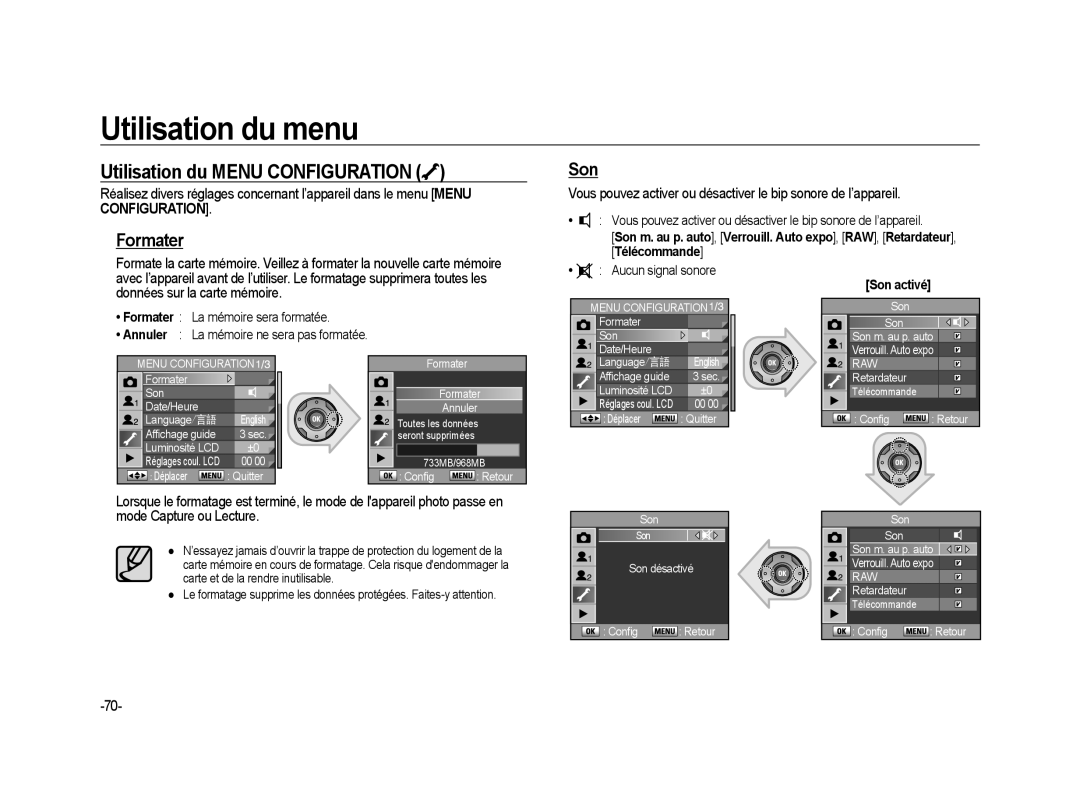 Samsung ER-GX20B02KFR, ER-GX20ZBBC/E1, ER-GX20ZBBB/FR, ER-GX20ZBBB/E1 manual Utilisation du Menu Configuration, Formater Son 