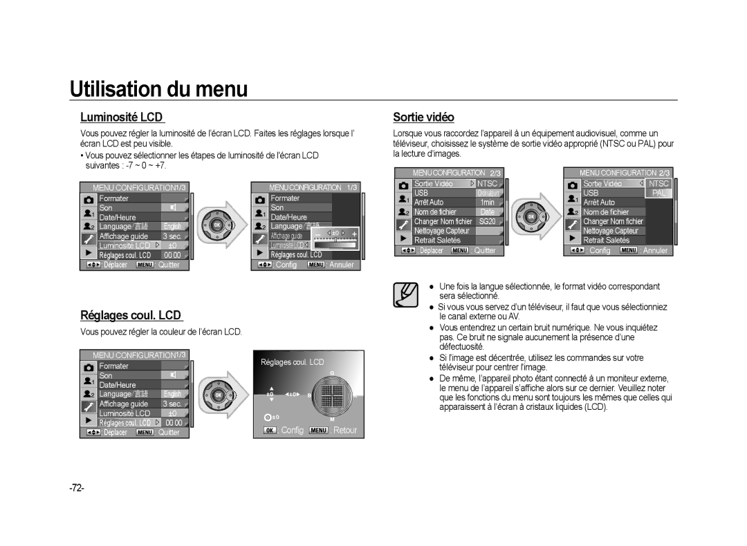 Samsung ER-GX20ZBBB/FR, ER-GX20ZBBC/E1 manual Luminosité LCD, Sortie vidéo, Réglages coul. LCD, Suivantes -7 ~ 0 ~ +7 