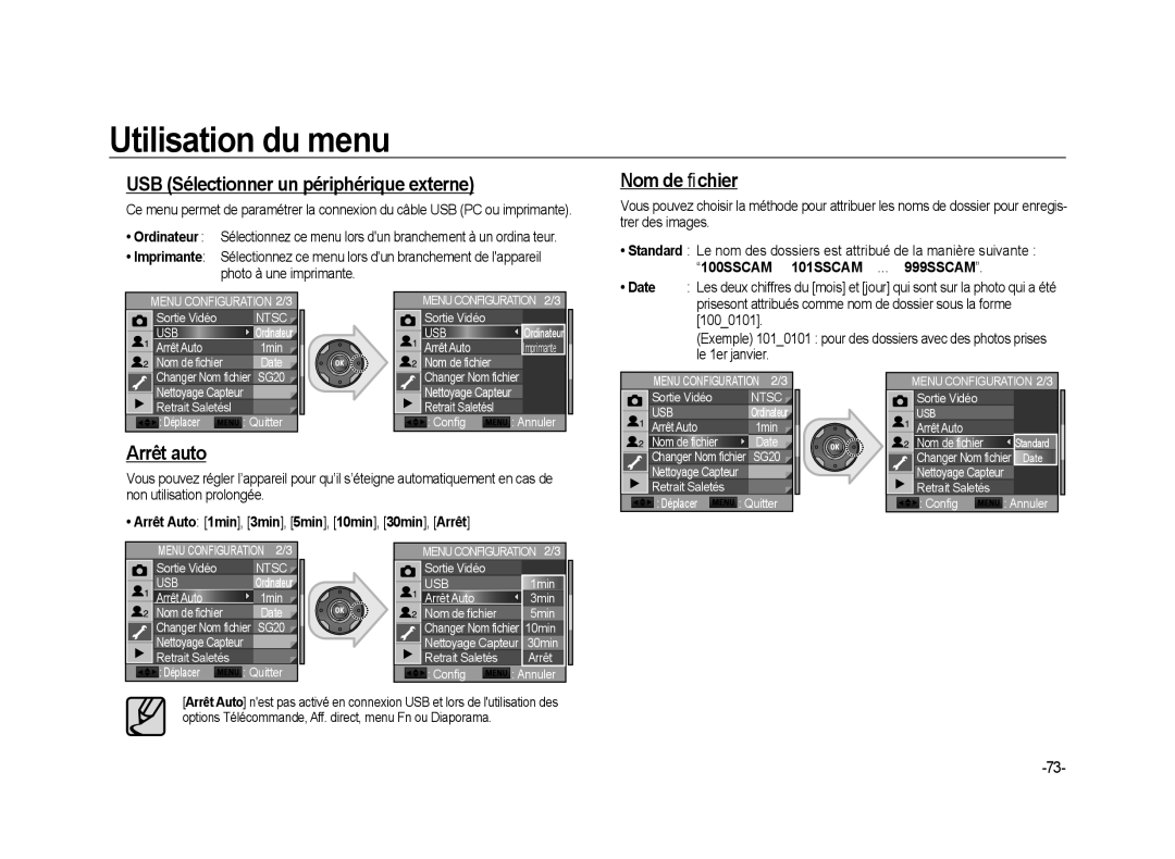 Samsung ER-GX20ZBBB/E1, ER-GX20ZBBC/E1, ER-GX20ZBBB/FR USB Sélectionner un périphérique externe, Nom de ﬁchier, Arrêt auto 