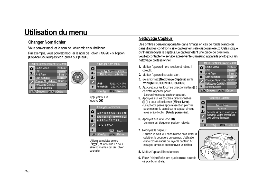 Samsung ER-GX20ZBBA/SE, ER-GX20ZBBC/E1, ER-GX20ZBBB/FR manual Changer Nom ﬁchier, Nettoyage Capteur, Nettoyez le capteur 