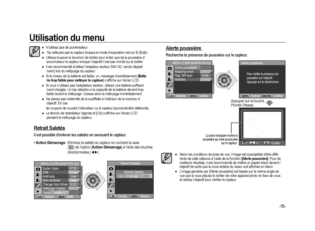 Samsung ER-GX20B01KFR manual Retrait Saletés, Il est possible denlever les saletés en secouant le capteur, Mapping pixel 