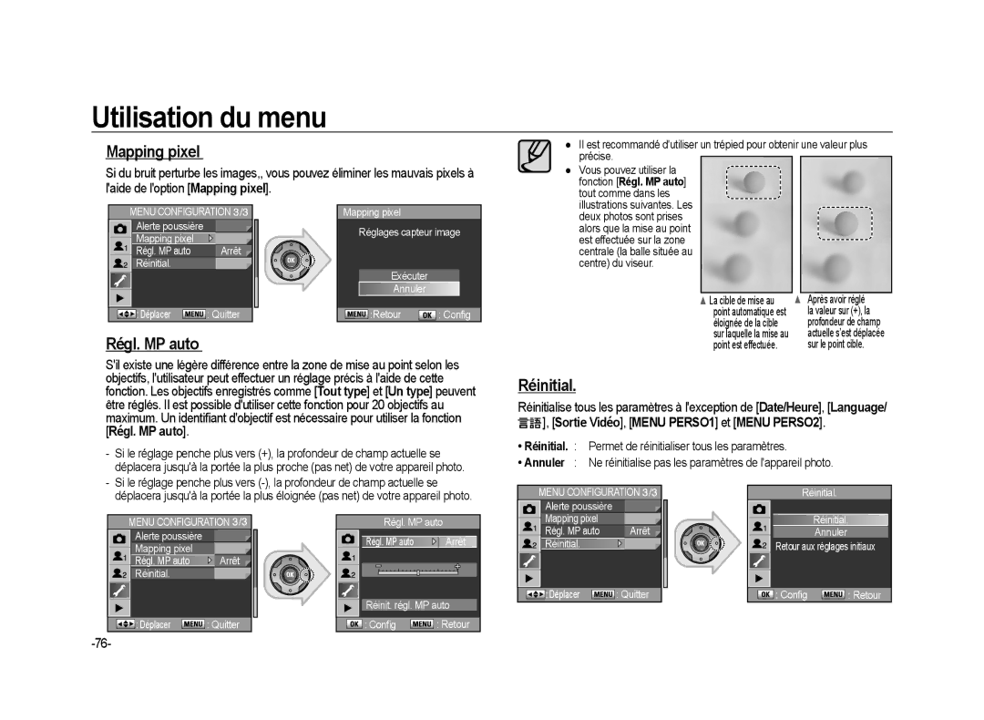 Samsung ER-GX20ZBBA/E1, ER-GX20ZBBC/E1 Mapping pixel, Régl. MP auto, Réinitial, Sortie Vidéo, Menu PERSO1 et Menu PERSO2 