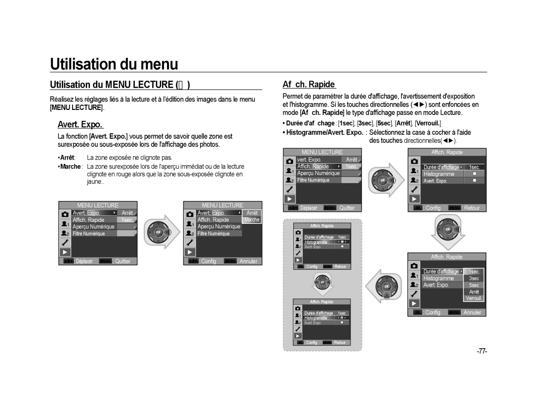 Samsung ER-GX20ZBBA/DK, ER-GX20ZBBC/E1, ER-GX20ZBBB/FR manual Utilisation du Menu Lecture, Avert. Expo, Afﬁch. Rapide 