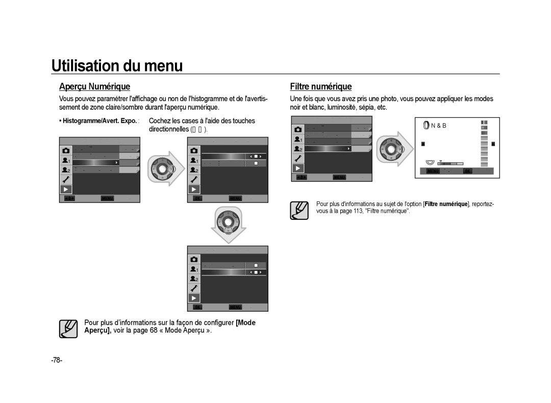 Samsung ER-GX20ZBBA/FR manual Aperçu Numérique, Filtre numérique, Cochez les cases à laide des touches directionnelles 